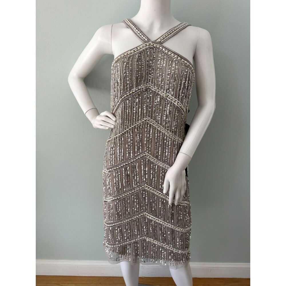 NWT Adrianna Papell Halter Neck Fringe Embellished Mini Dress Marble size 8
